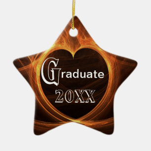 Graduation Flaming Orange  Heart Design Keepsake Ceramic Tree Decoration