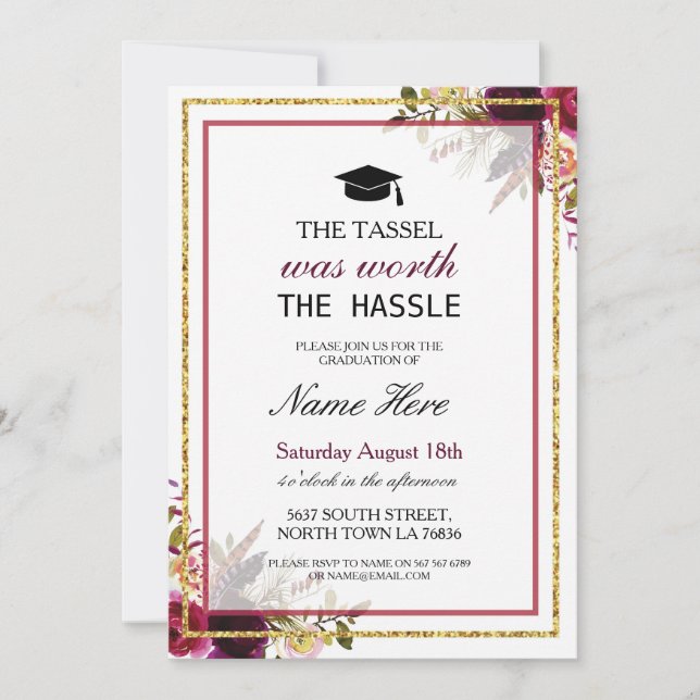 Graduation Floral Berry Rustic Gold Invitation (Front)