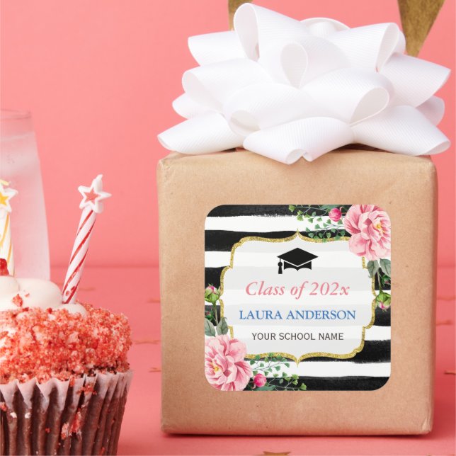 Graduation Floral Black White Stripe Square Sticker (Party)