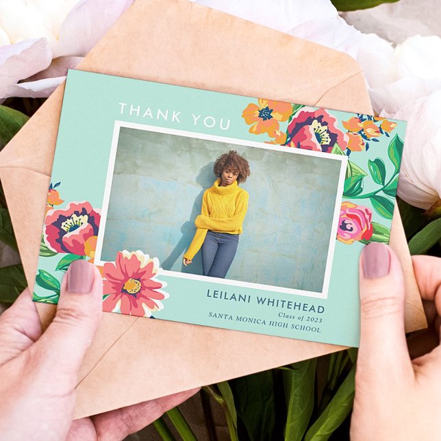 Graduation Floral Blue Photo Thank You Card (Creator Uploaded)