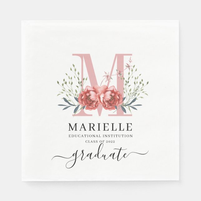 Graduation Floral Monogram Logo Party Paper Napkin (Front)