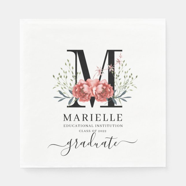 Graduation Floral Monogram Logo Party Paper Napkin (Front)