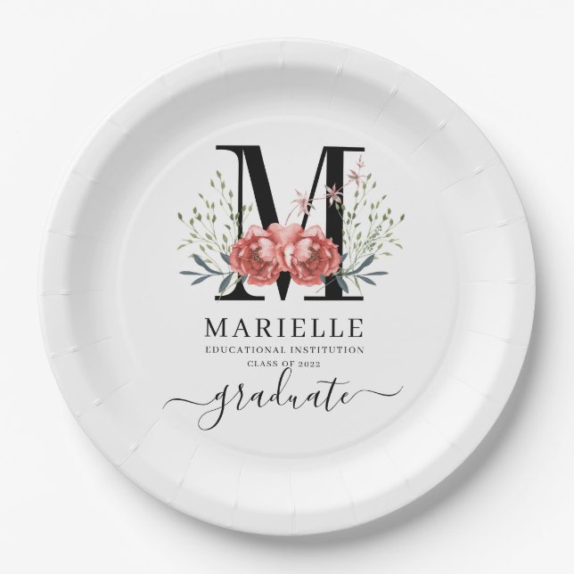 Graduation Floral Monogram Logo Party Paper  Paper Paper Plate (Front)