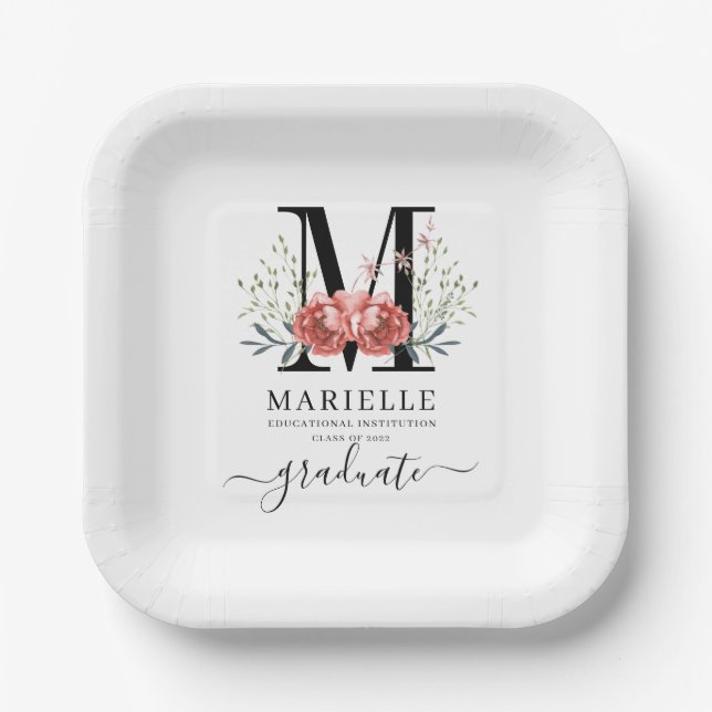 Graduation Floral Monogram Logo Party Paper  Paper Plate (Front)