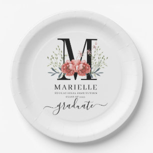 Graduation Floral Monogram Logo Party Paper  Paper Plate