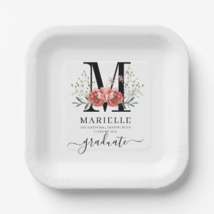 Graduation Floral Monogram Logo Party Paper Plate