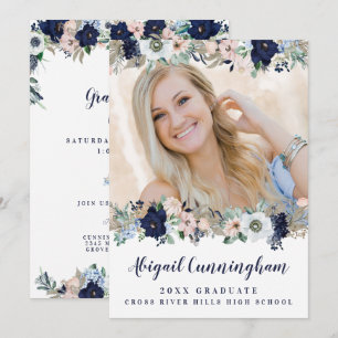 Graduation Floral Navy Blue Blush Pink Script Invitation