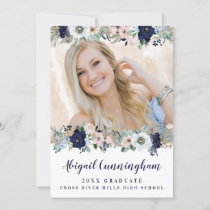 Graduation Floral Navy Blue Blush Pink Script Invitation