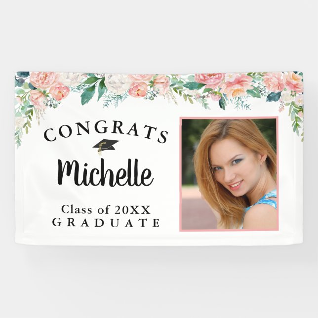 Graduation Floral Pink Rose Gold Script Photo Banner (Horizontal)