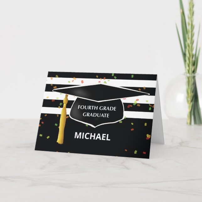 Graduation Fourth Grade Custom Name Year Cap Black Card (Front)