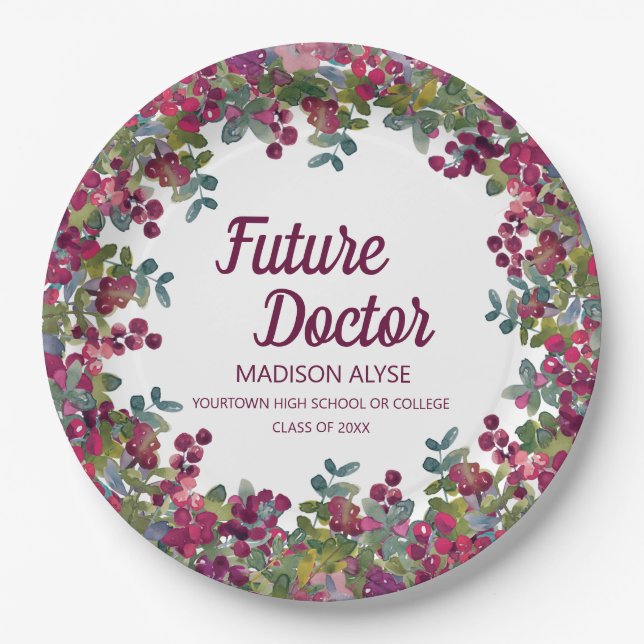 Graduation Future Doctor Purple Floral Paper Plate (Front)
