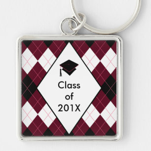 Graduation Gift Key Ring Preppy Black Red Argyle