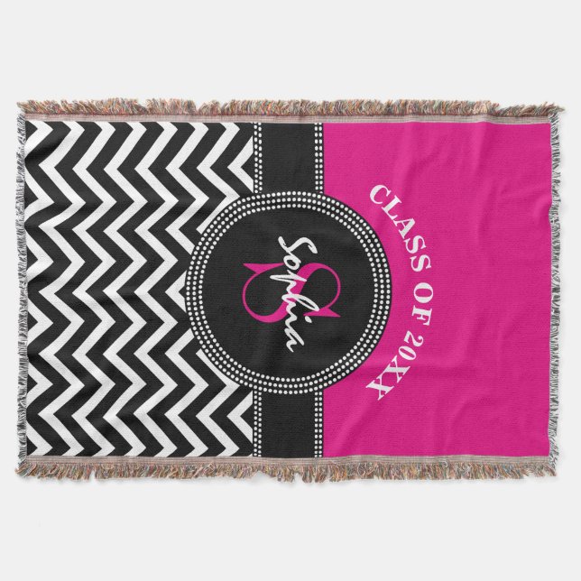Graduation Girl Hot Pink and Black Class Year Throw Blanket (Front)