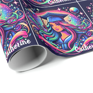 Graduation Girl in Neon Colours Custom Wrapping Paper