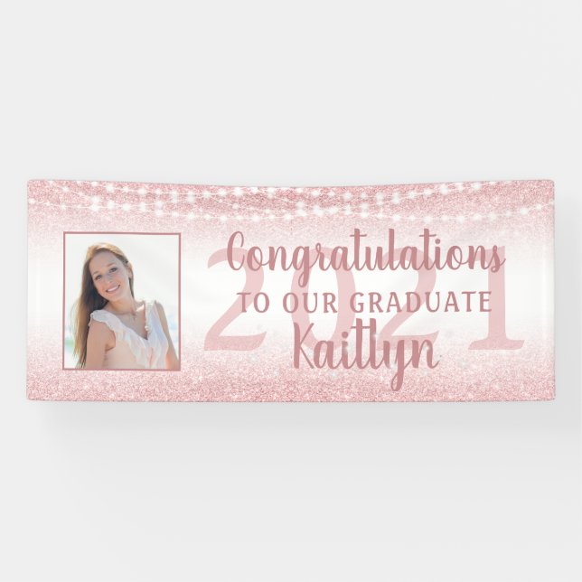 Graduation Girly Rose Gold Glitter Lights Photo Banner (Horizontal)