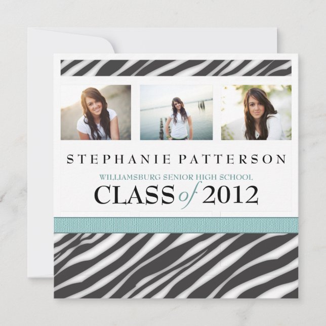 Graduation Glamour Girl Zebra Print with Aqua Invitation (Front)