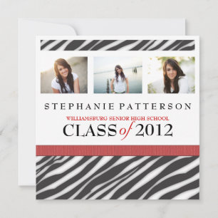 Graduation Glamour Girl Zebra Print with Red Invitation
