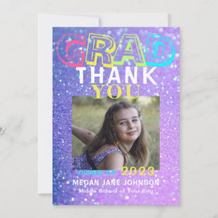 Graduation glitter middle school grad photo thank you card