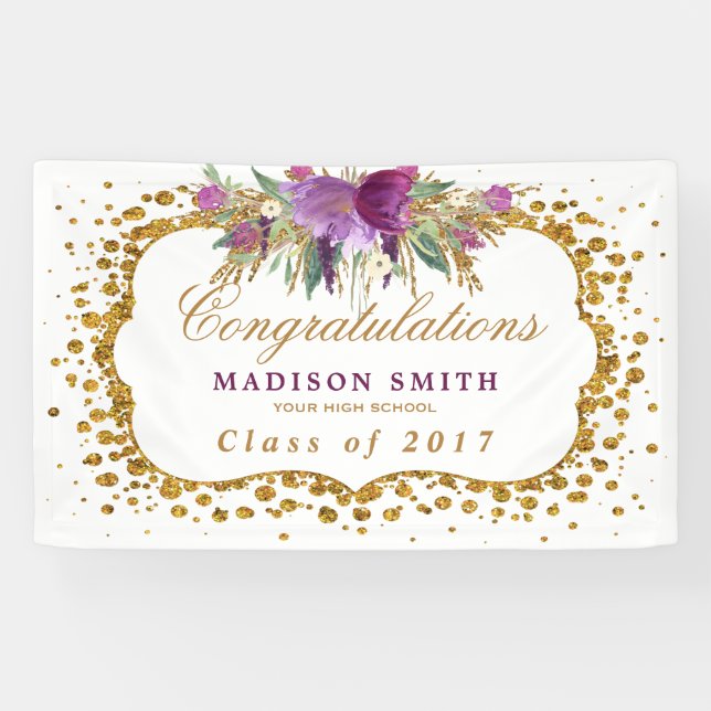 Graduation Glitter Watercolor Flower Gold Confetti Banner (Horizontal)