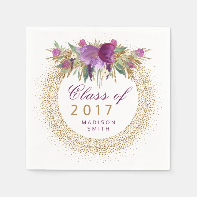 Graduation Glitter Watercolor Flower Gold Confetti Napkin (Front)