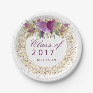 Graduation Glitter Watercolor Flower Gold Confetti Paper Plate