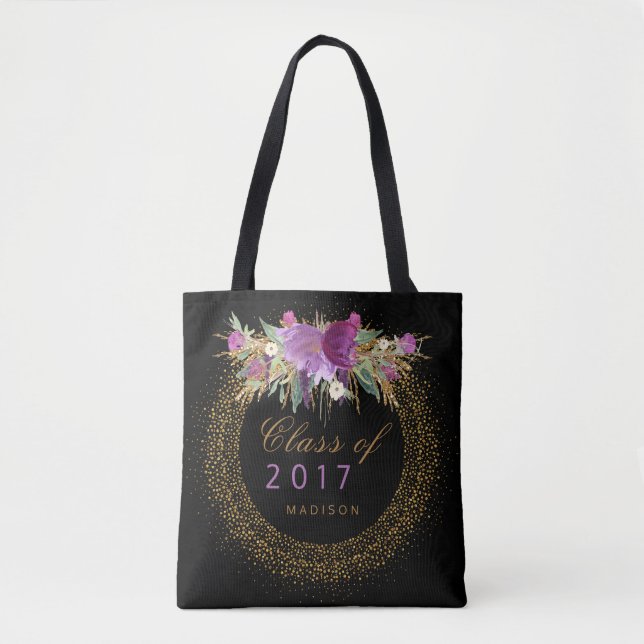 Graduation Glitter Watercolor Flower Gold Confetti Tote Bag (Front)