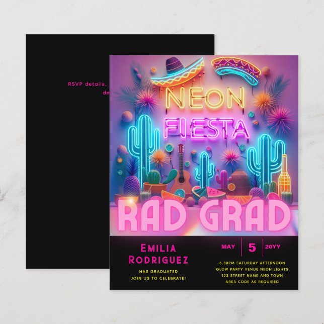 Graduation Glow Party Invitación Fiesta de Neón (Front/Back)