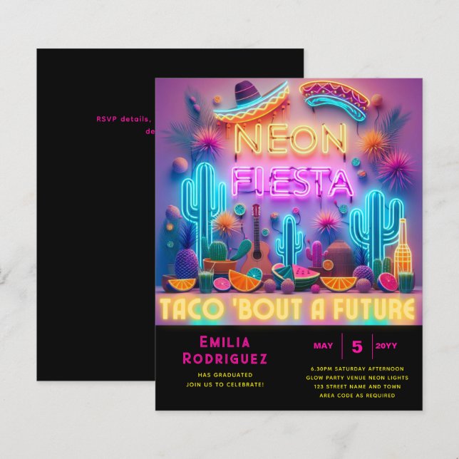 Graduation Glow Party Invitación Fiesta de Neón (Front/Back)