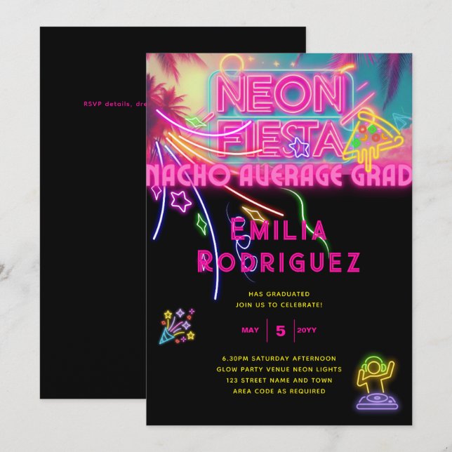 Graduation Glow Party Invitación Fiesta de Neón Invitation (Front/Back)