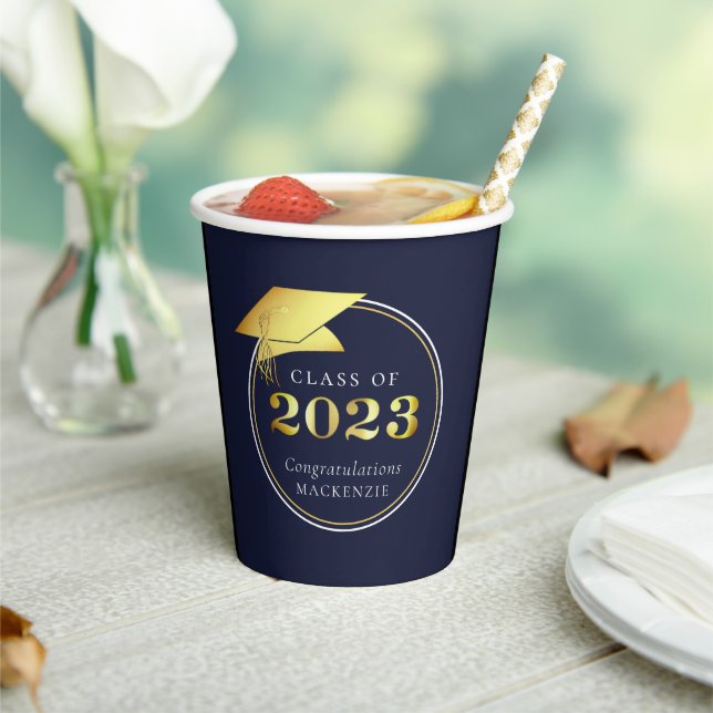 Graduation Gold 2023 Navy Blue or Custom Colour Paper Cups (Insitu)