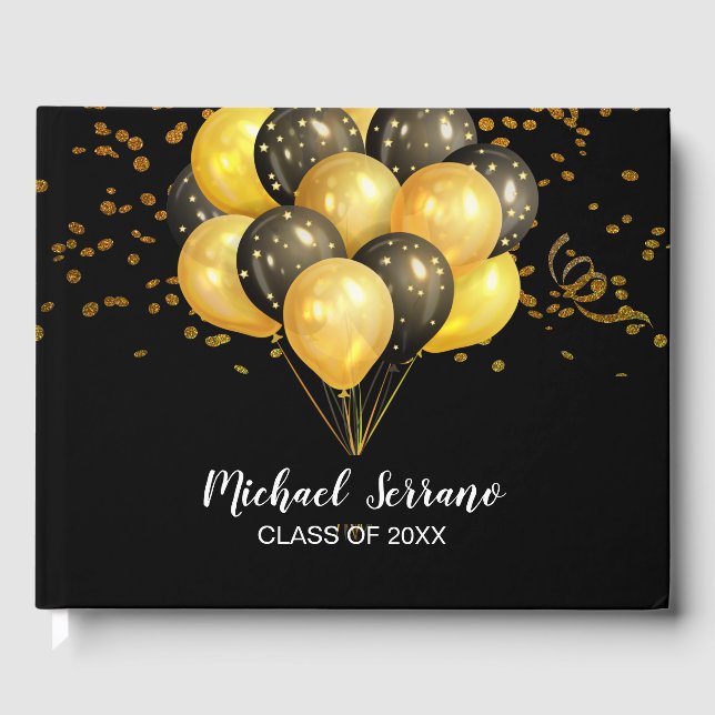 Graduation Gold And Black Balloons And Confetti Guest Book (Front)