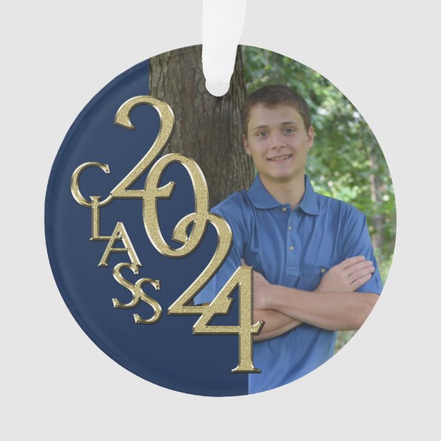 Graduation Gold and Blue 2024 Photo Ornament (Front)