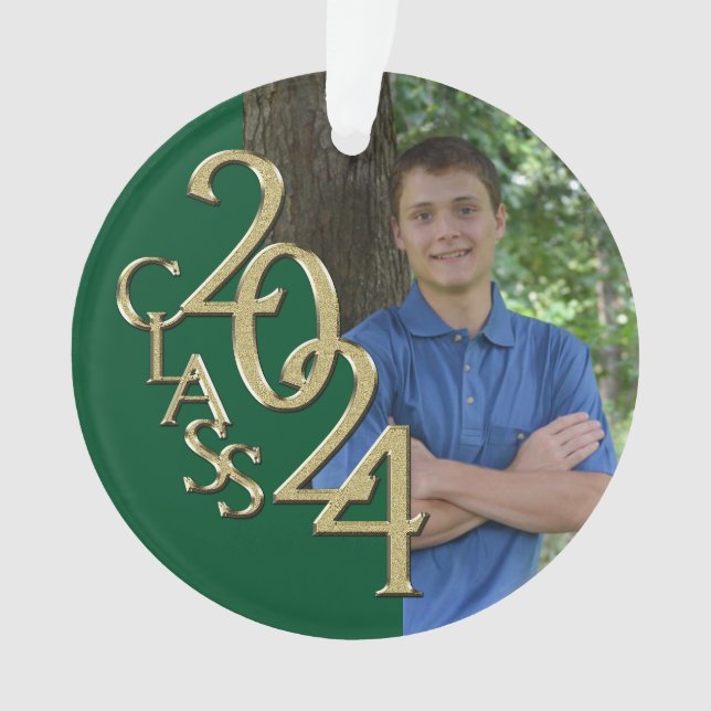 Graduation Gold and Green 2024 Photo Ornament (Front)