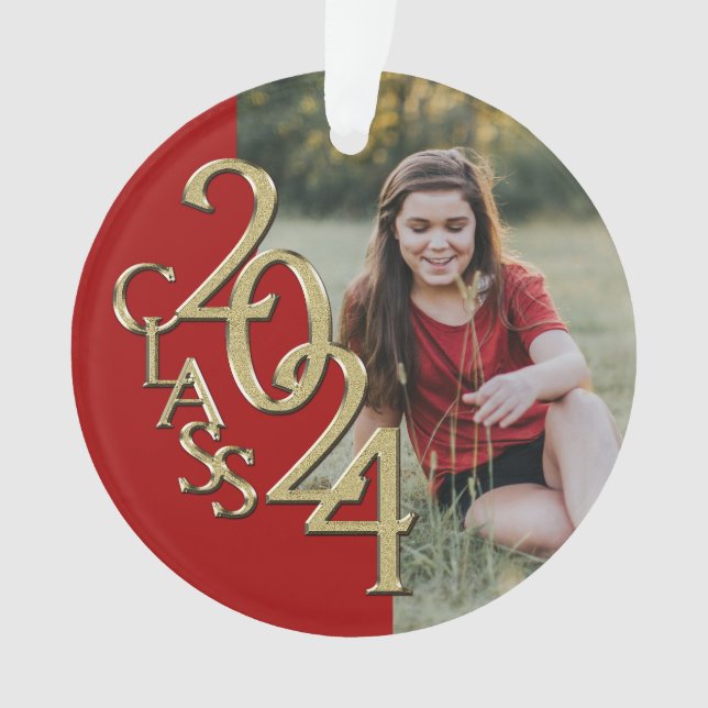 Graduation Gold and Red 2024 Photo Ornament (Front)