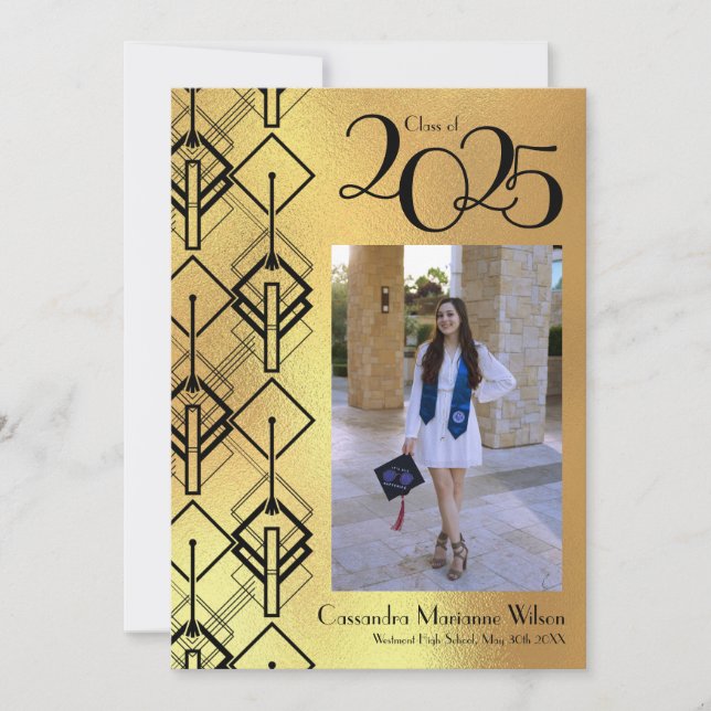 Graduation Gold Art Deco Black Announcement (Front)