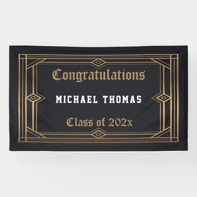Graduation Gold Art Deco Frame on Black Banner (Horizontal)