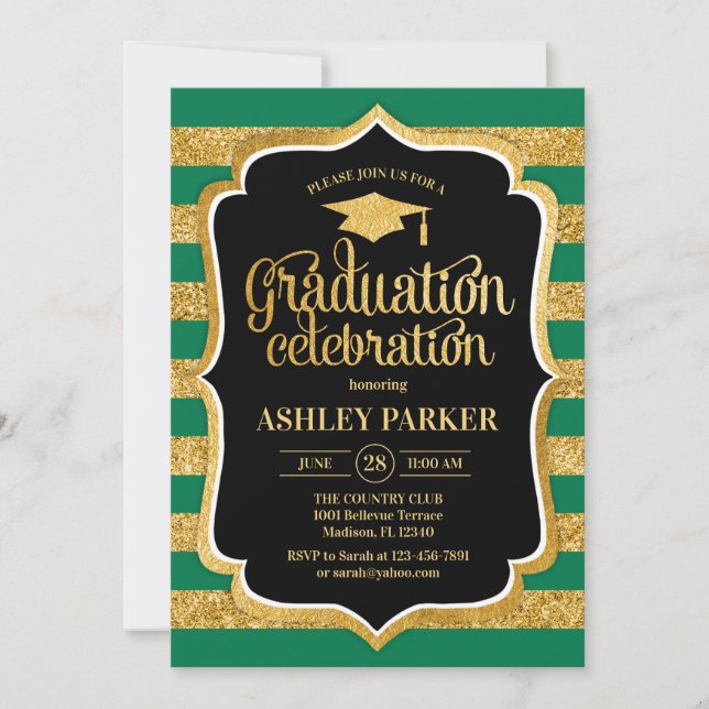 Graduation - Gold Black Green Stripes Invitation (Front)