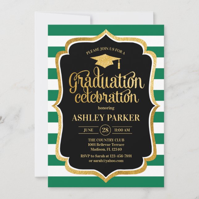 Graduation - Gold Black Green White Stripes Invitation (Front)