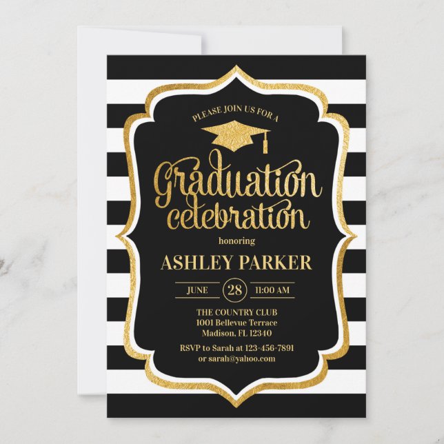 Graduation - Gold Black White Stripes Invitation (Front)