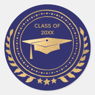 Graduation Gold Blue Elegant Class of Classic Round Sticker