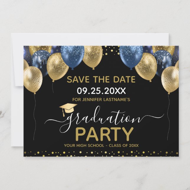 Graduation Gold Blue Save the Date Invitation (Front)