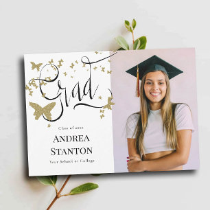 Graduation Gold Butterflies Grad Calligraphy Announcement
