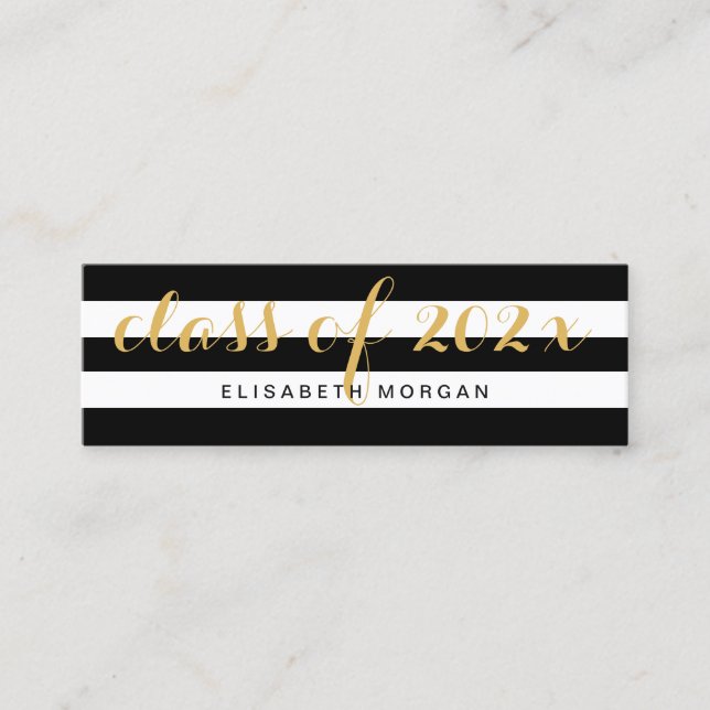Graduation Gold Calligraphy Black White Stripes Calling Card (Front)