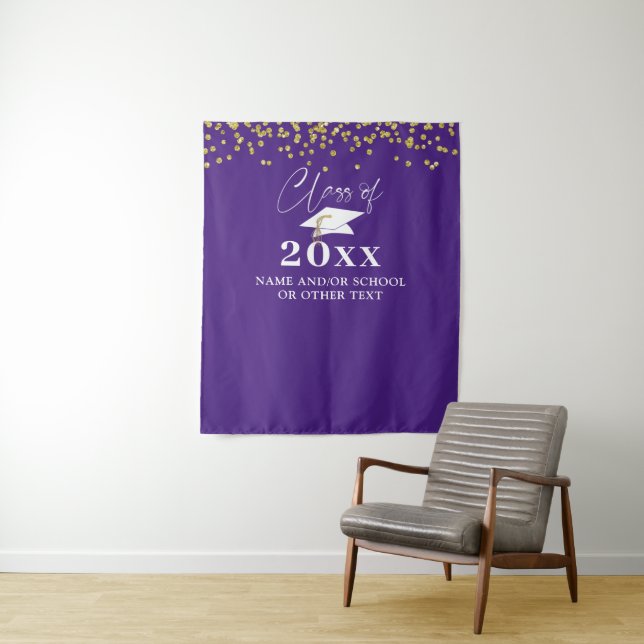 Graduation Gold Confetti Purple Photo Backdrop Tapestry (In Situ)