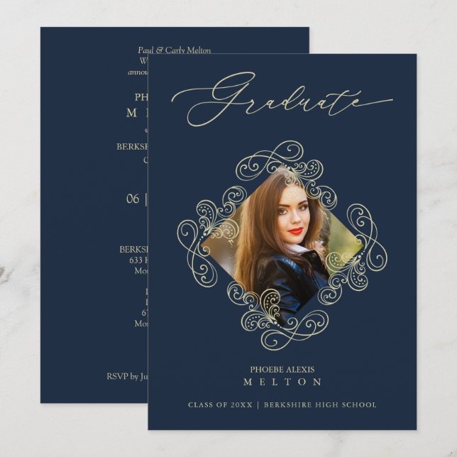Graduation Gold Diamond Flourish Photo Invitation. Invitation (Front/Back)
