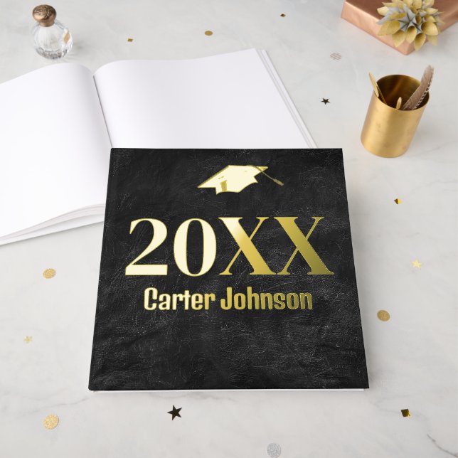 Graduation Gold Foil On Black Leather Guest Book (Front Open)
