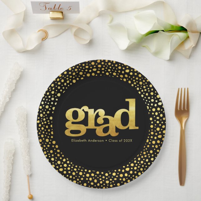 Graduation gold foil typography black modern bold paper plate (Wedding)