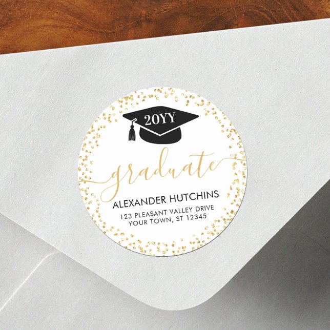 Graduation Gold Glitter Confetti Return Address  Classic Round Sticker (Creator Uploaded)