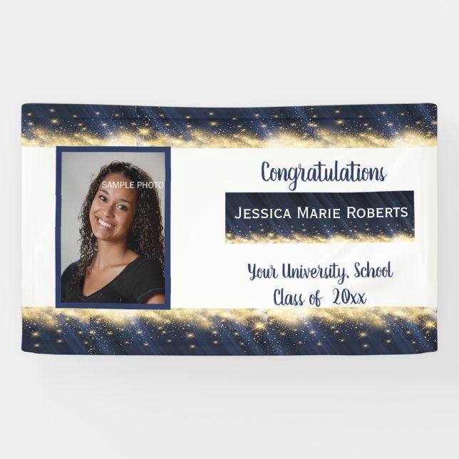 Graduation Gold Glitter on Blue Custom Photo Banner (Horizontal)