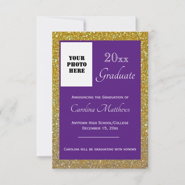 Graduation Gold Glitter Purple Announcement (Front)